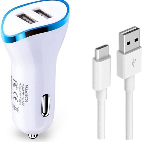 Mimacro Car Phone Charger CC083 White, 3.1A Total Output with 2x USB Ports and Type-C Cable