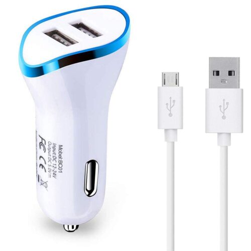 Mimacro Car Phone Charger CC083 White, 3.1A Total Output with 2x USB Ports and Android Cable