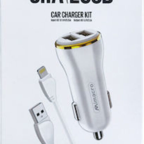 Mimacro Car Phone Charger CC083 White, 3.1A Total Output with 2x USB Ports and Lightning Cable